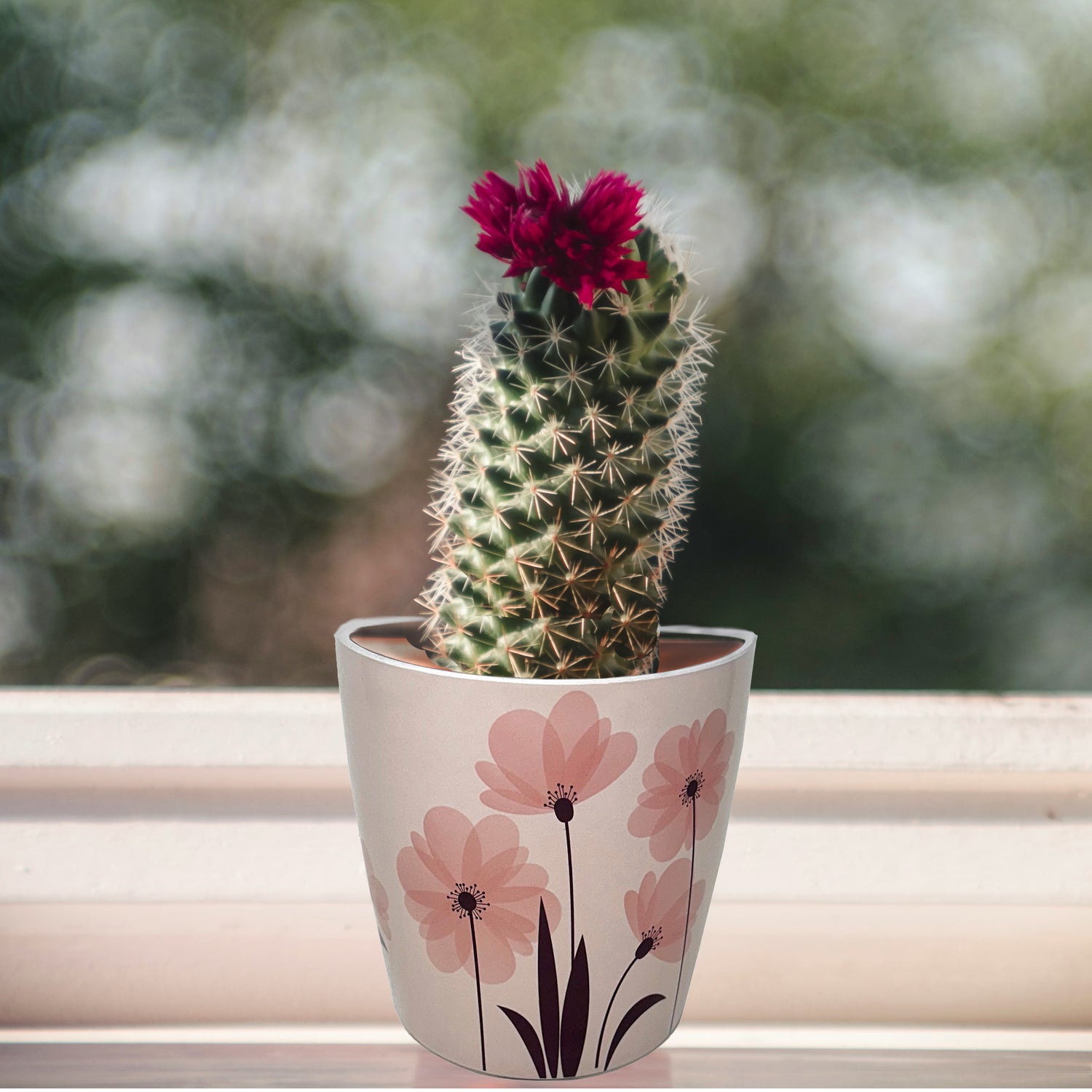 7" Round Self-Watering Bamboo Pot - Pink Flower