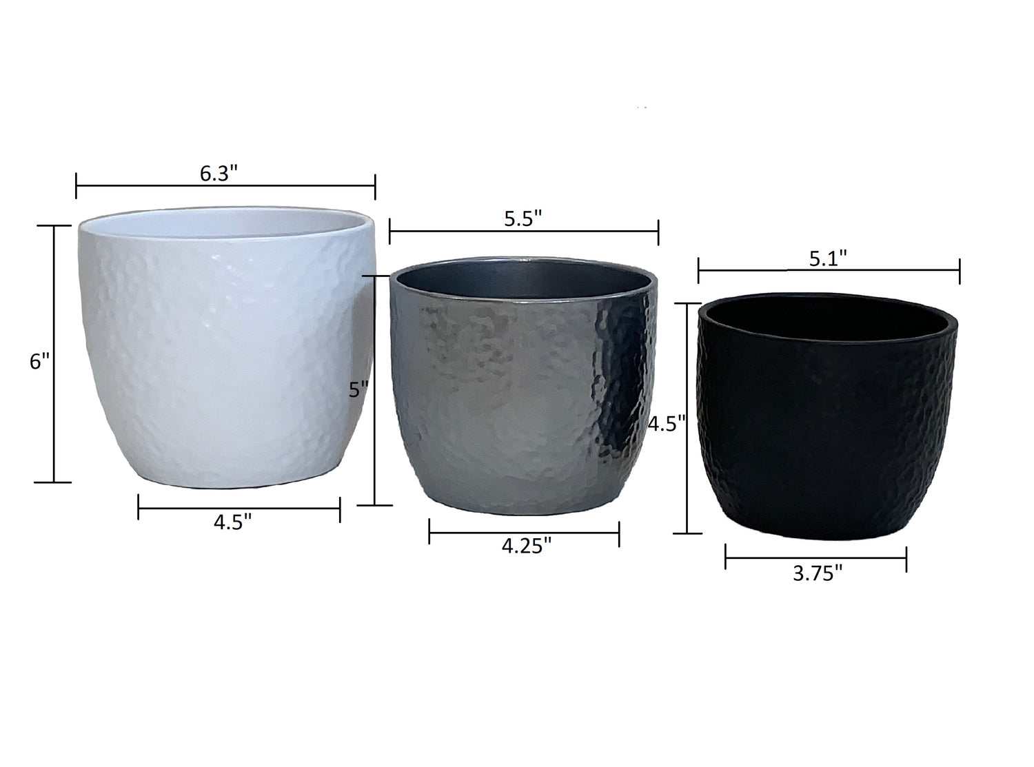 Boston Ceramic Pots ( 3 Piece Set) - 6.3" White, 5.5" Silver, &amp; 5.1" Anthracite