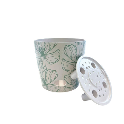 5" Round Self-Watering Bamboo Pot - Green Flowers