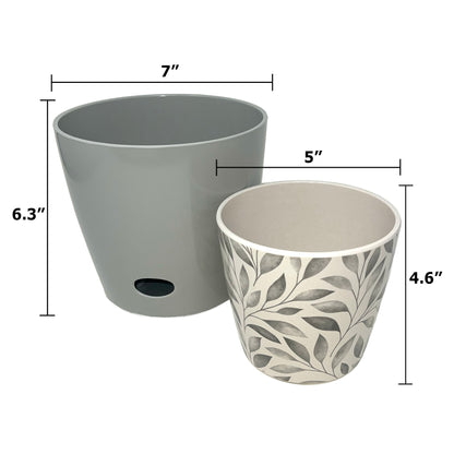 Self-Watering Pots (Set of 2) - 5" Gray Leaves &amp; 7" Gray Solid