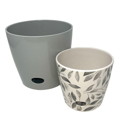 Self-Watering Pots (Set of 2) - 5" Gray Leaves &amp; 7" Gray Solid