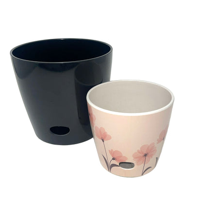 Self-Watering Pots (Set of 2) - 5" Pink Flower &amp; 7" Black Solid