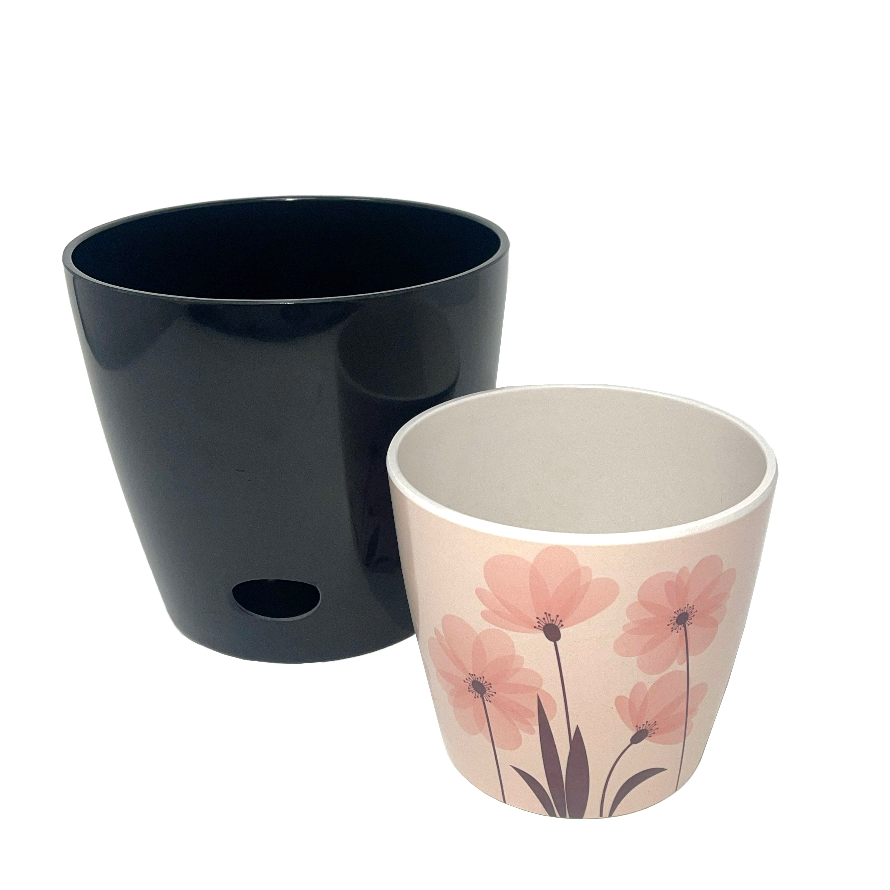 Self-Watering Pots (Set of 2) - 5" Pink Flower &amp; 7" Black Solid