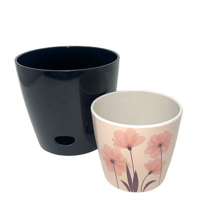 Self-Watering Pots (Set of 2) - 5" Pink Flower &amp; 7" Black Solid