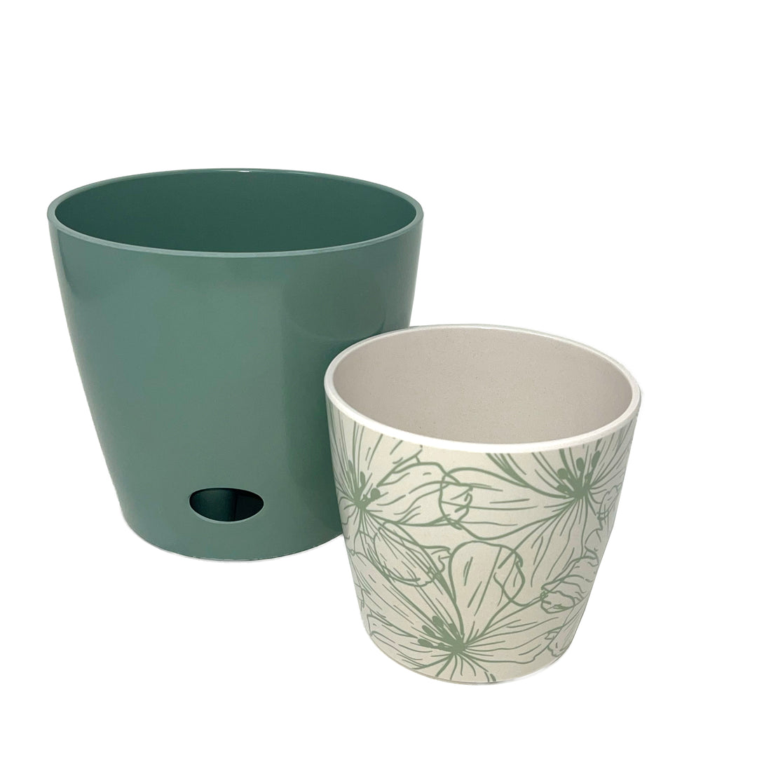 Self-Watering Pots (Set of 2) - 5" Green Flower & 7" Sage Green