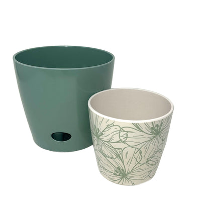 Self-Watering Pots (Set of 2) - 5" Green Flower &amp; 7" Sage Green