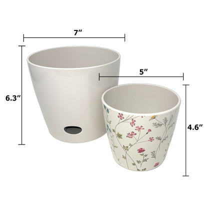 Self-Watering Plant Pot Set of 2 5" Wildflower &amp; 7" Cream