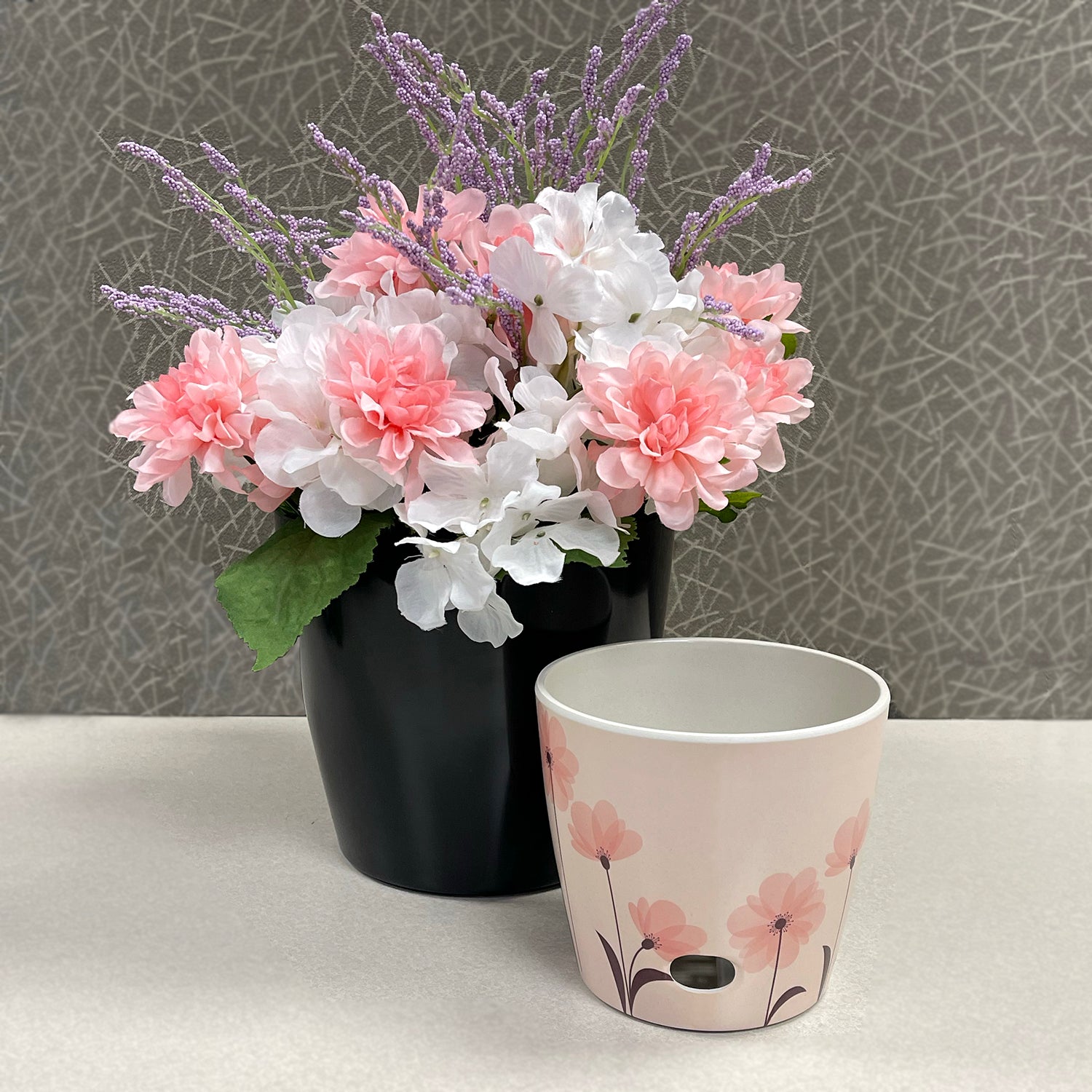 Self-Watering Pots (Set of 2) - 5" Pink Flower &amp; 7" Black Solid