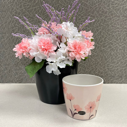 Self-Watering Pots (Set of 2) - 5" Pink Flower &amp; 7" Black Solid
