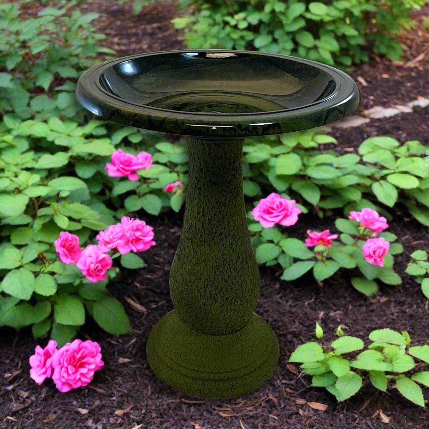 Hunter Green Fiber Clay Birdbath - 24"