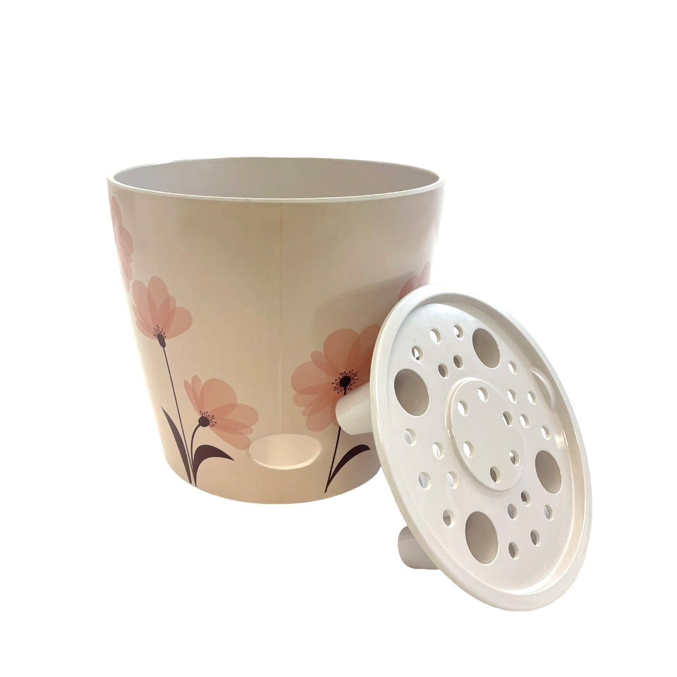 7" Round Self-Watering Bamboo Pot - Pink Flower