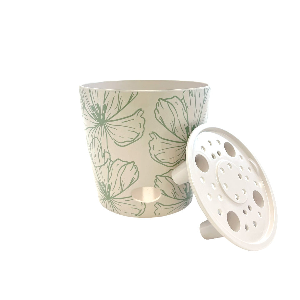 7" Round Self-Watering Bamboo Pot - Green Flower