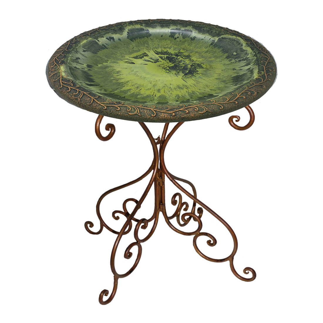 Light Green Fiber Clay Birdbath on Antique Bronze Metal Base - 28"
