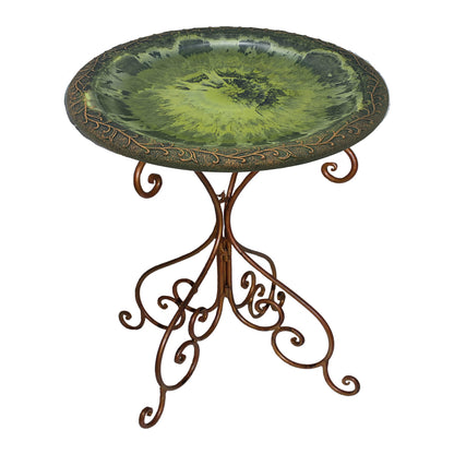 Light Green Fiber Clay Birdbath on Antique Bronze Metal Base - 28"