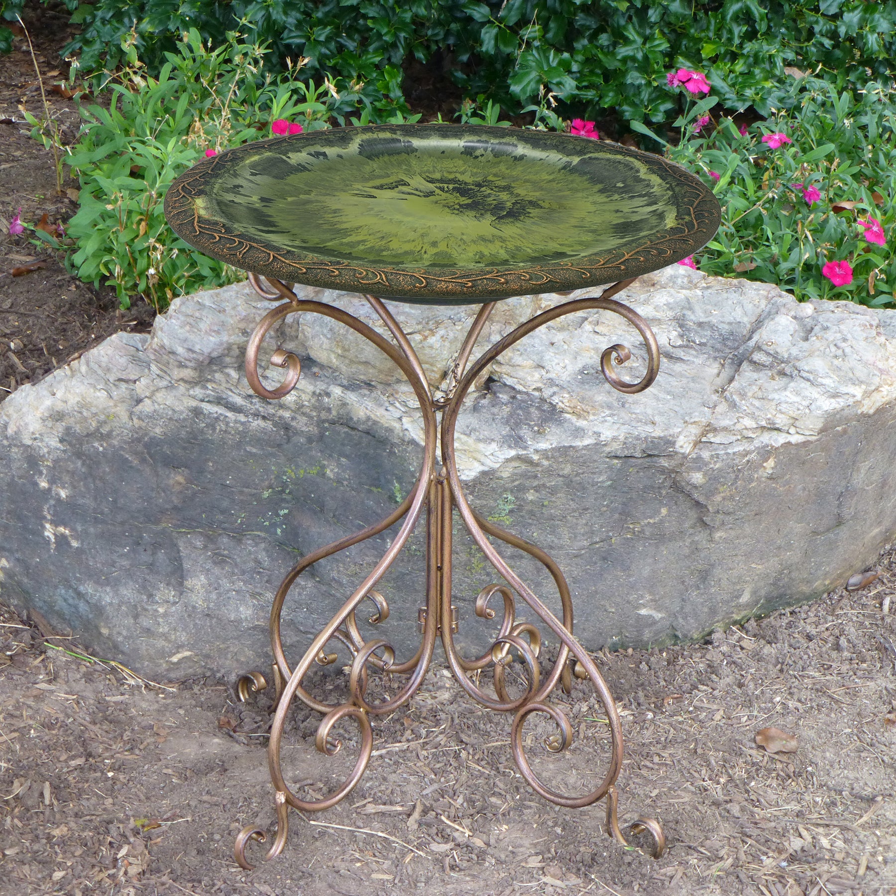Light Green Fiber Clay Birdbath on Antique Bronze Metal Base - 28"