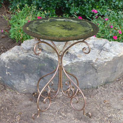 Light Green Fiber Clay Birdbath on Antique Bronze Metal Base - 28"