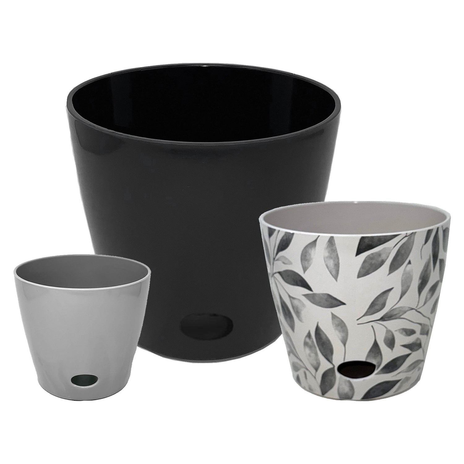 Self-Watering Pots (Set of 3) - 5" Gray, 7" Gray Leaves, &amp; 10" Black