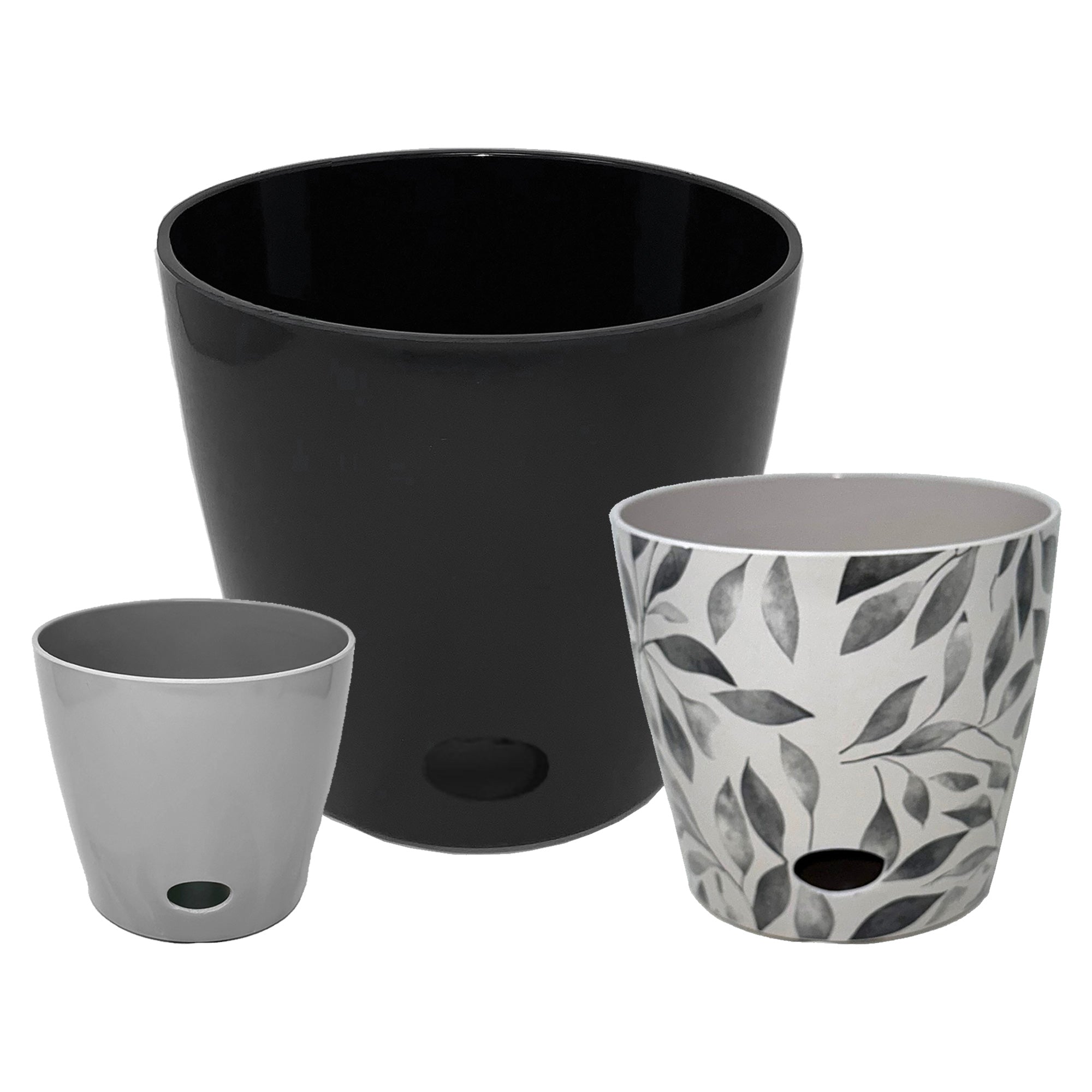 Self-Watering Pots (Set of 3) - 5" Gray, 7" Gray Leaves, &amp; 10" Black