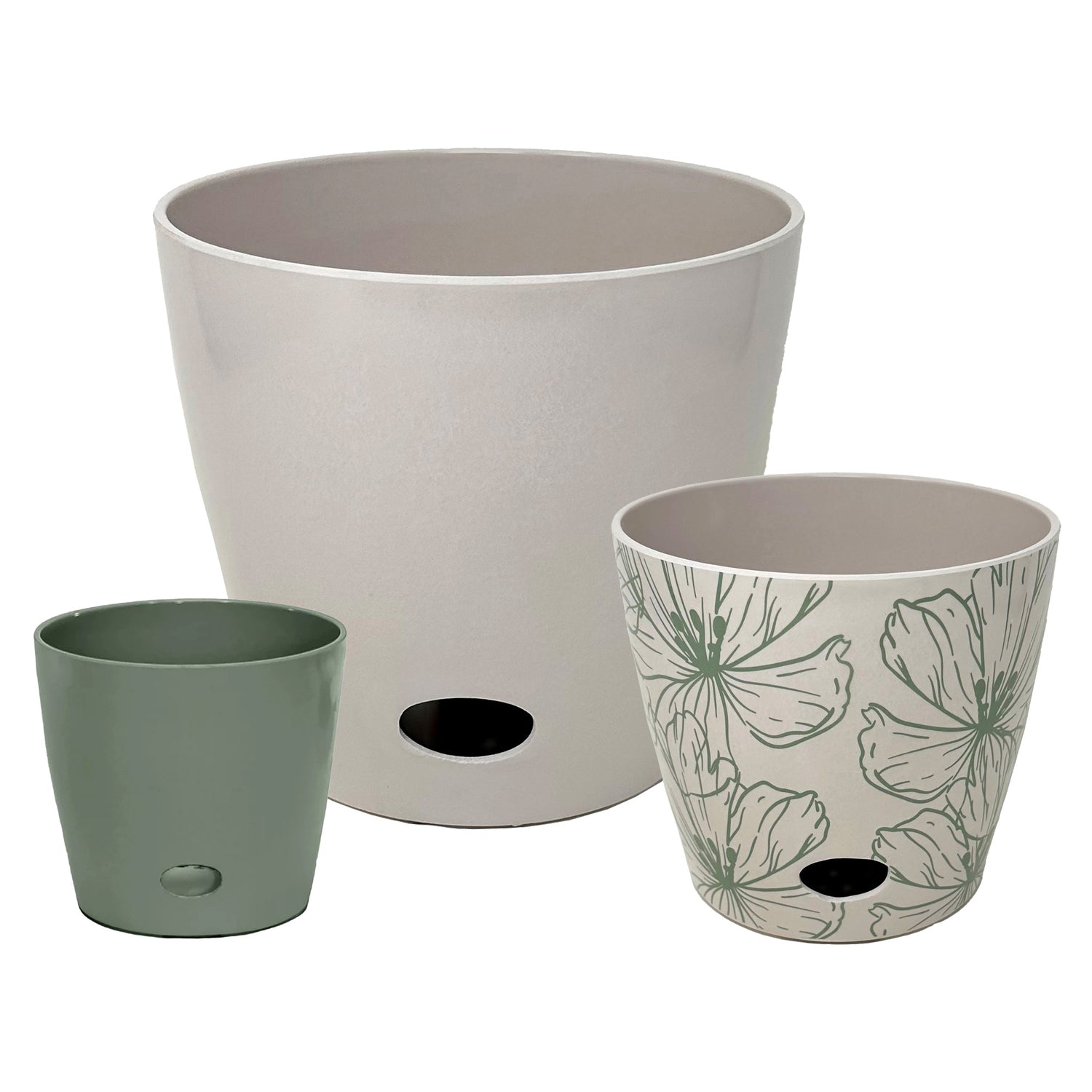 Self-Watering Pots (Set of 3) - 5" Sage Green, 7" Green Flower, &amp; 10" Cream