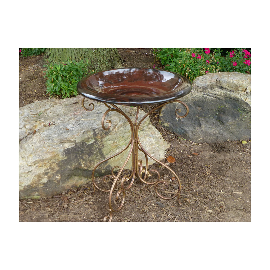 Antique Brown Fiber Clay Birdbath on Antique Bronze Metal Base - 28"