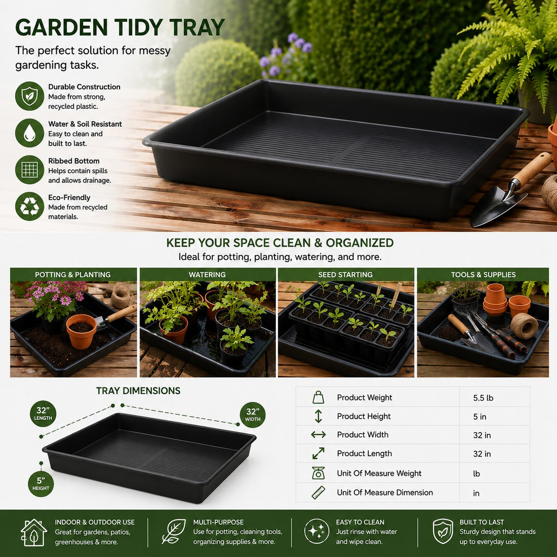 Garden Tray - 32" Black Square