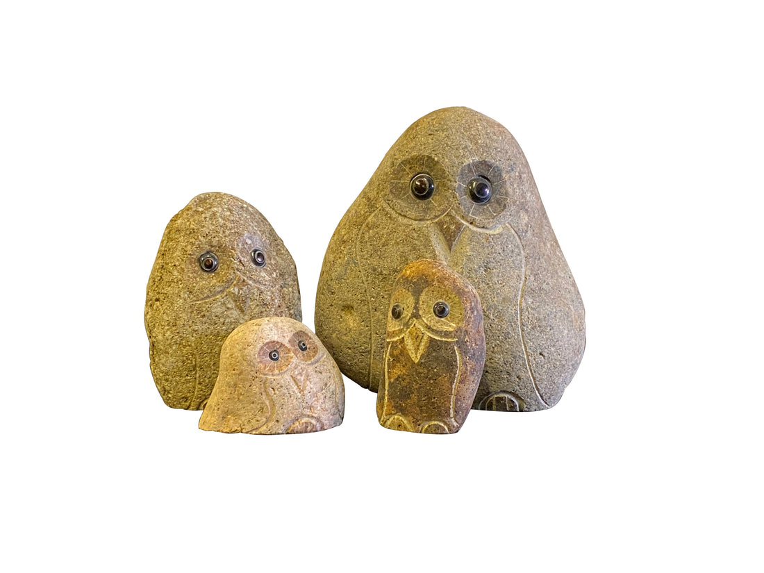Family of Boulder Owls - 4 Pcs 4"H, 6"H, 8"H, 12"H