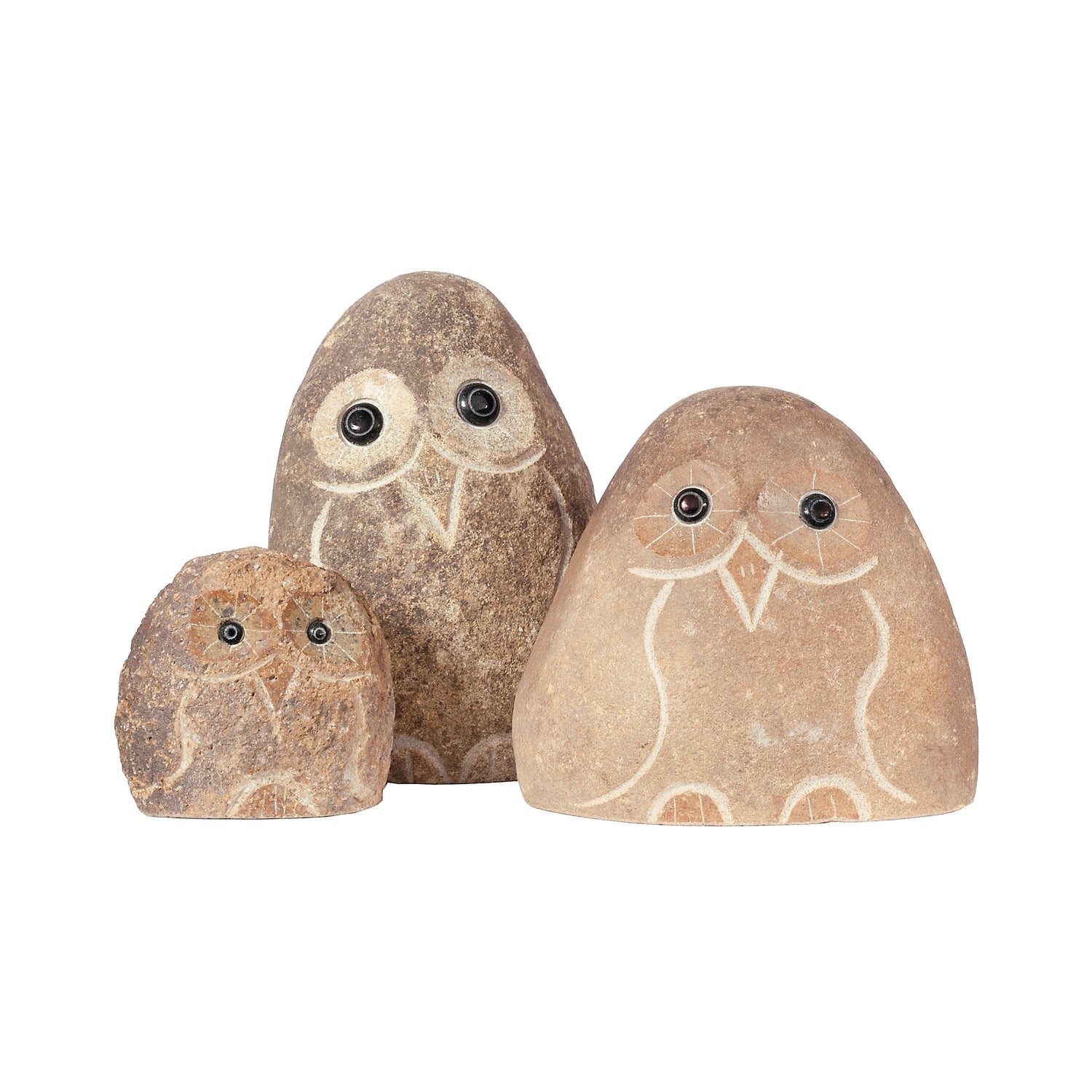 Family of Boulder Owls - 3 Pcs 4"H, 6"H, 8"H