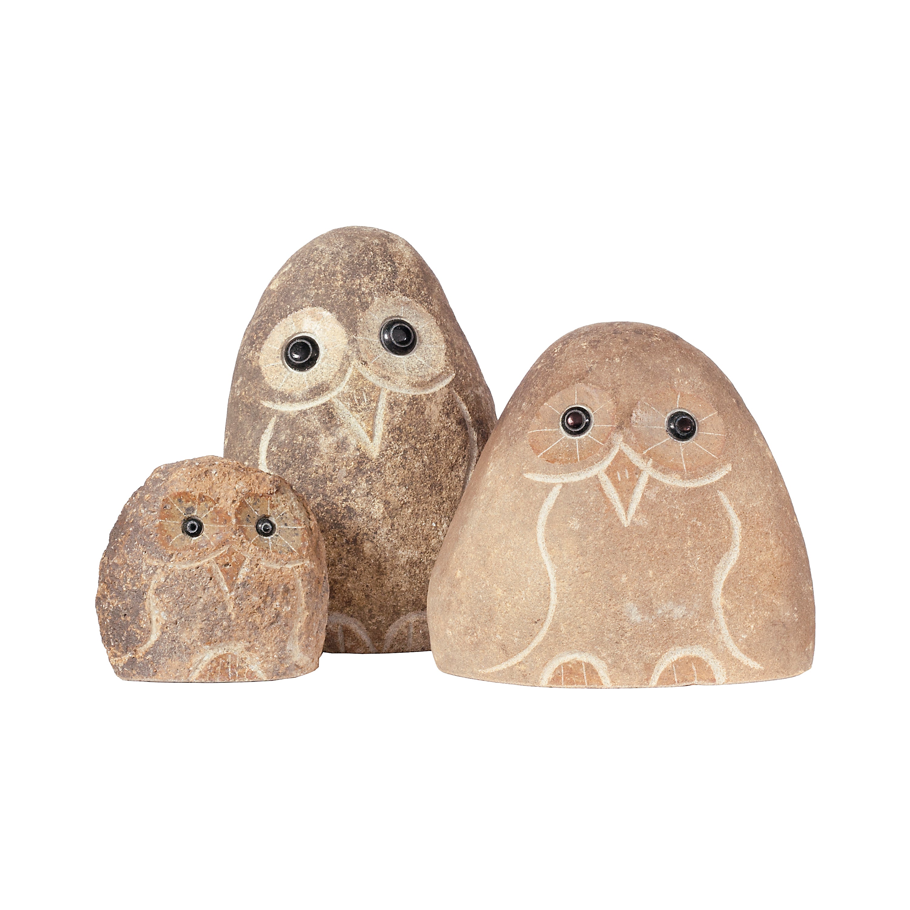 Family of Boulder Owls - 3 Pcs 4"H, 6"H, 8"H