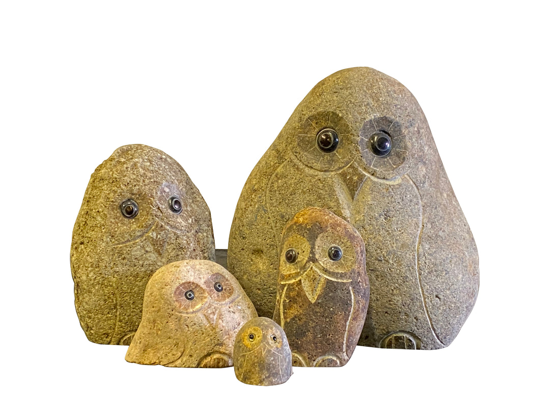 Family of Boulder Owls - 5 Pcs 2"H, 4"H, 6"H, 8"H, 12"H