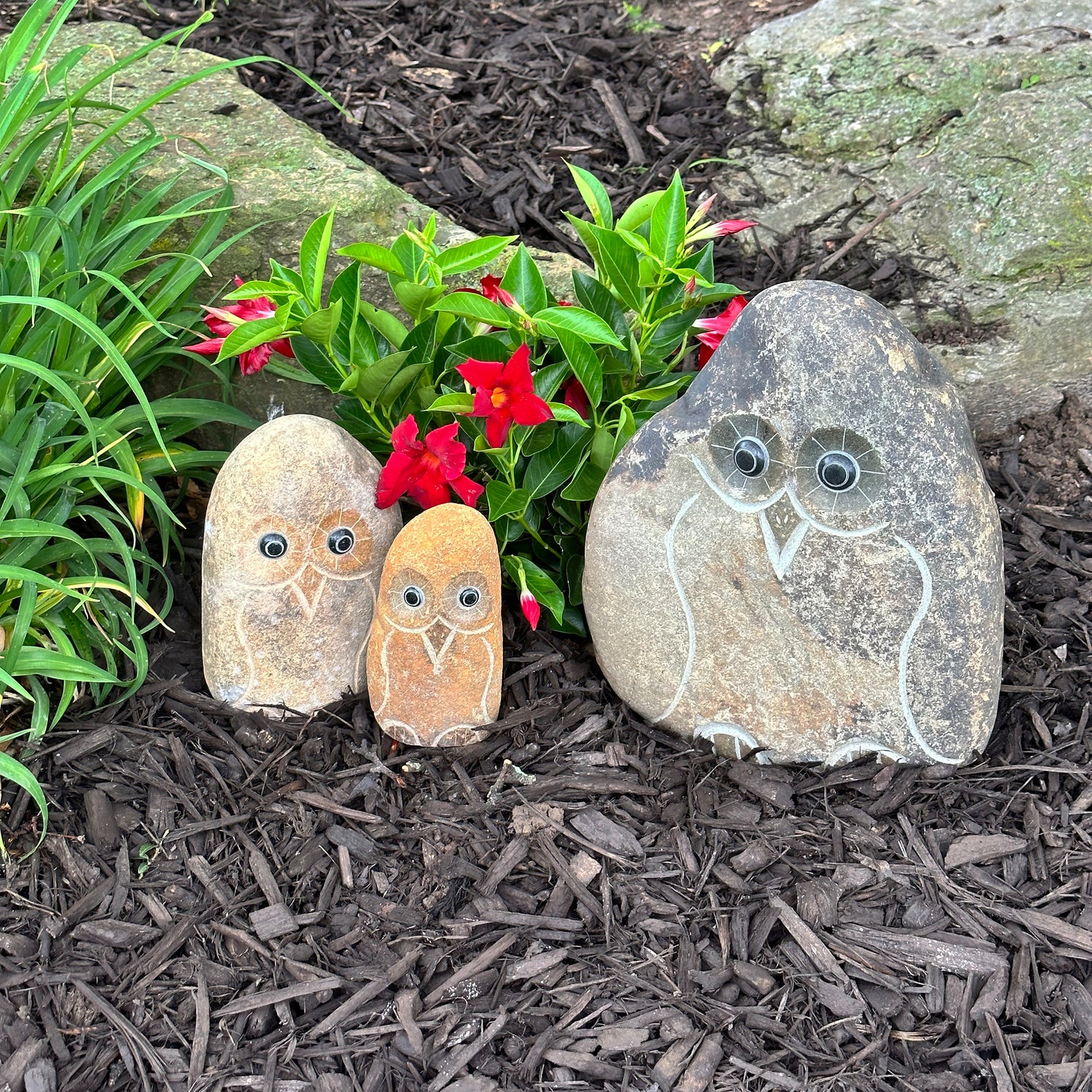 Family of Boulder Owls - 3 Pcs 6"H, 8"H, 12"H