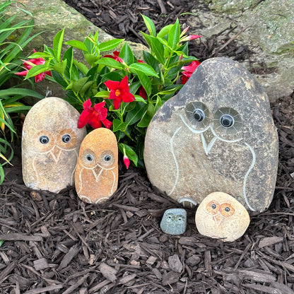 Family of Boulder Owls - 5 Pcs 2"H, 4"H, 6"H, 8"H, 12"H
