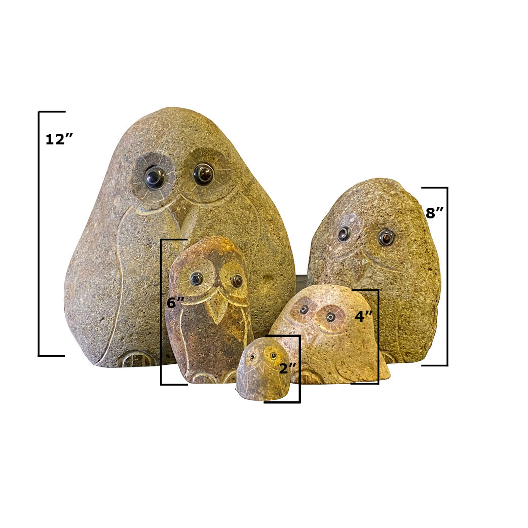 Family of Boulder Owls - 5 Pcs 2"H, 4"H, 6"H, 8"H, 12"H
