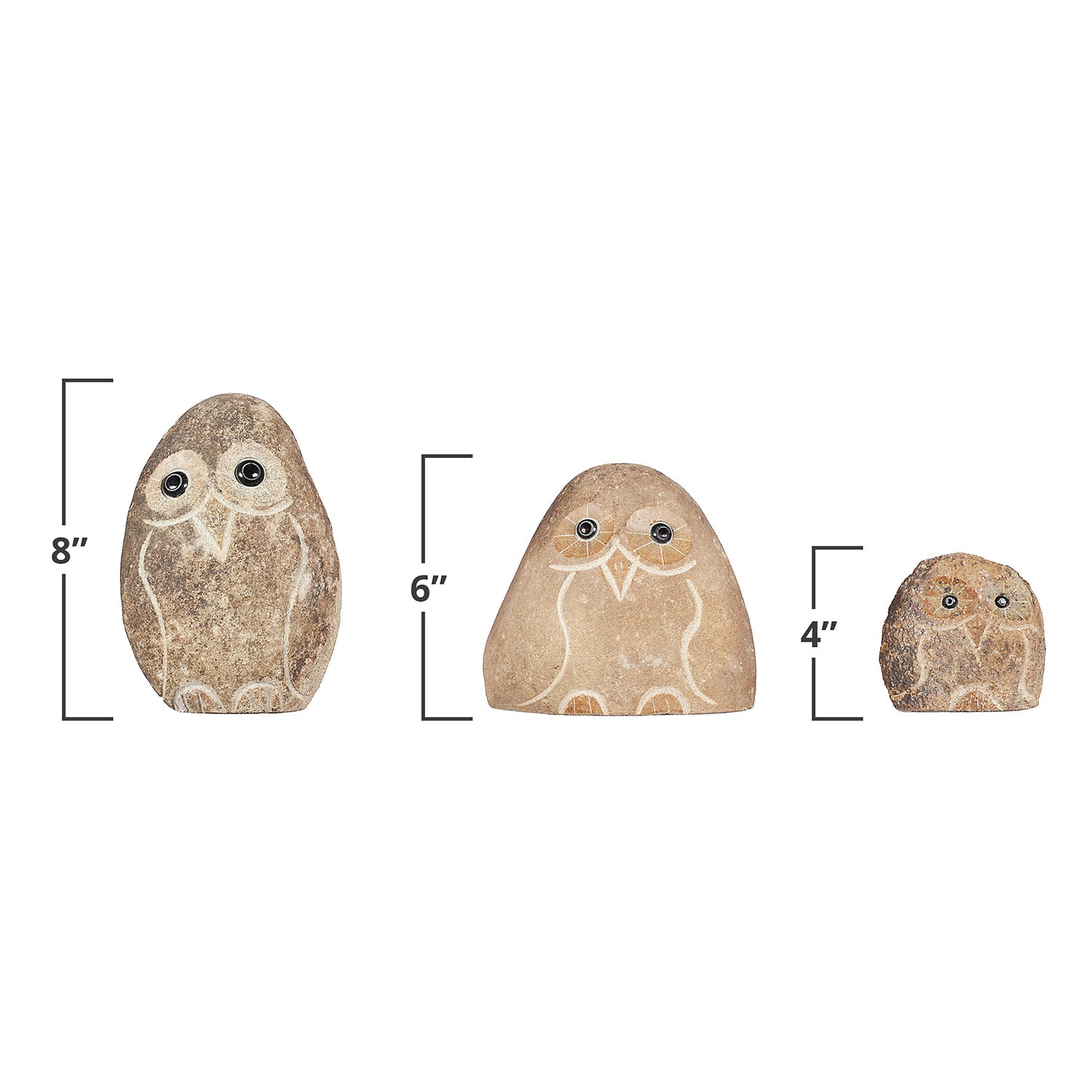 Family of Boulder Owls - 3 Pcs 4"H, 6"H, 8"H