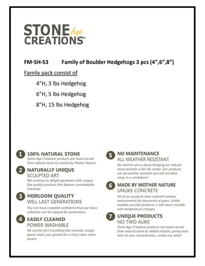 Family of Boulder Standing Hedgehogs - 3 Pcs 4"H, 6"H, 8"H