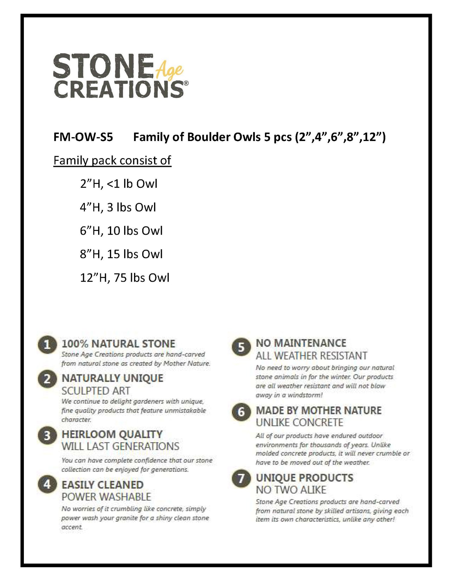 Family of Boulder Owls - 5 Pcs 2"H, 4"H, 6"H, 8"H, 12"H