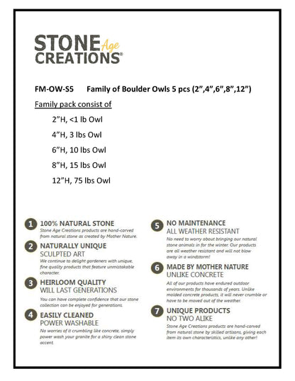 Family of Boulder Owls - 5 Pcs 2"H, 4"H, 6"H, 8"H, 12"H